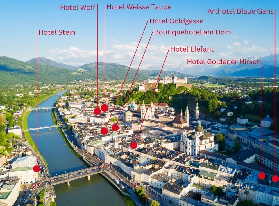 Bild der Rechten Altstadt von Salzburg mit Lage der wichtigsten Hotels