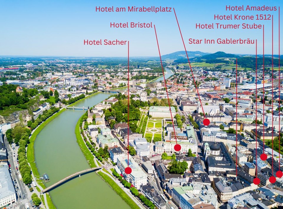 Die Rechte Altstadt von Salzburg mit der Lage der dortigen Hotels
