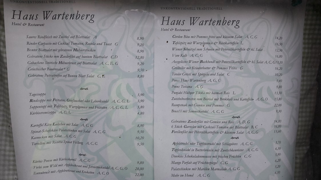 Hotel: Speisekarte des zugehörigen Restaurants - Hotel Haus Wartenberg