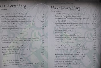 Hotel: Speisekarte des zugehörigen Restaurants - Hotel Haus Wartenberg